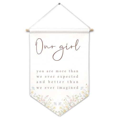 Cilrii Boho Wildflower Girl Nursery Canvas Banner Wall Decor, Girls Room Decor, Our Girl Inspirational Hanging Pennant Flag Banner for Baby Little Girls Room Nursery Playroom