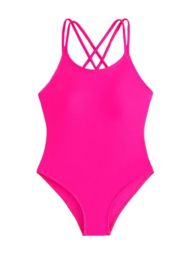 Image of OYOANGLE Girl's Basic One Piece Swimsuit Criss Cross Spaghetti Strap Sports Training Bathing Suit