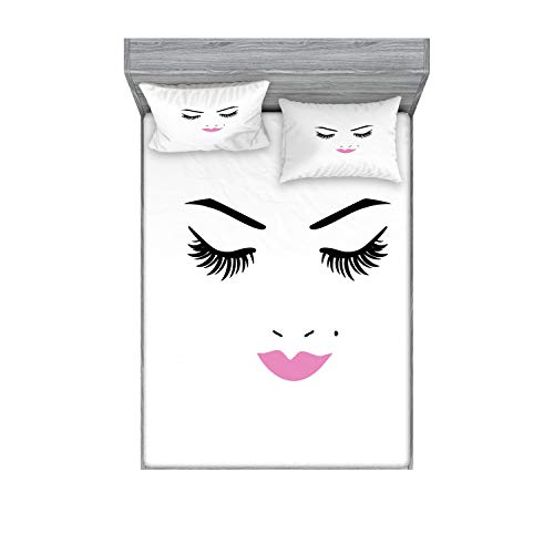 Ambesonne Eyelash Fitted Sheet & Pillow Sham Set, Closed Eyes Pink Lipstick Glamor Makeup Cosmetics Beauty Feminine Design, Decorative Printed 3 Piece Bedding Decor Set, Calking, Fuchsia Black White