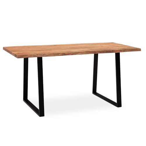 FineBuy Schreibtisch 120x60x76 cm Akazie Massivholz/Metall Computertisch Baumkante, Homeoffice Bürotisch Massiv mit Trapezbeinen in Schwarz, Holztisch Laptoptisch Arbeitszimmer Braun