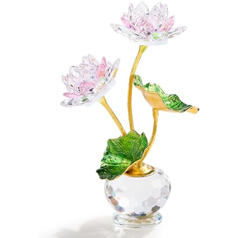 Enjinkail Crystal Pink Lotus Flower with Stems - Glass Decor Lotus Flower with Vases Home Office Decoration - Crystal Gifts for Mom Girlfriend Sisters Boss on Birthday Mothers Day Valentines Day Cover