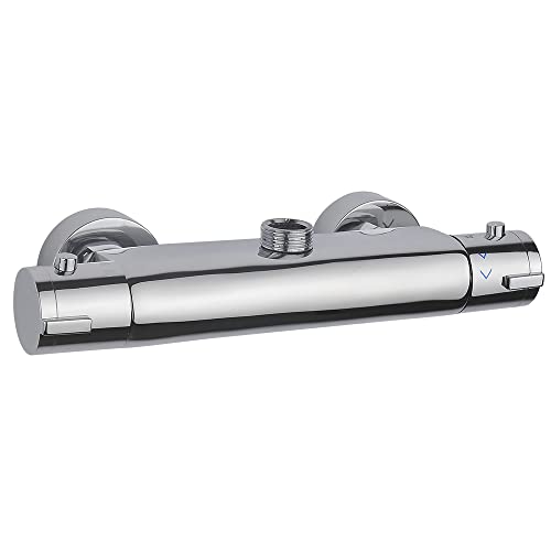 JAYEUW Mitigeur mural avec thermostat 20-50 °C - 2 poignées - Robinet de salle de bain avec bouton de protection de la température de 38 °C - Sortie d'eau de 200 mm vers le haut