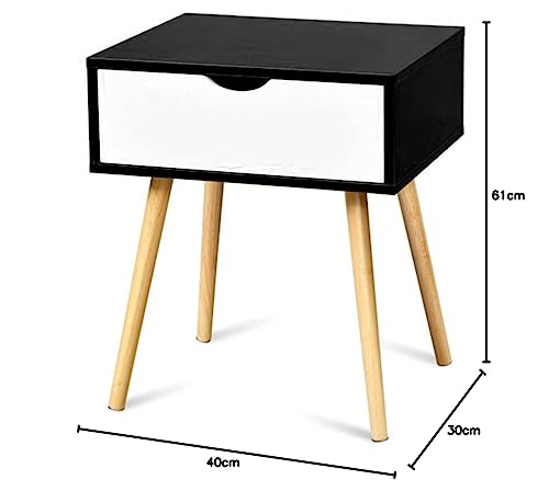 Image of Storage Nightstand Mid-Century Modern Bedside Table with Solid Wood Legs Minimalist and Practical End Side Table- 1 Drawer-Black White