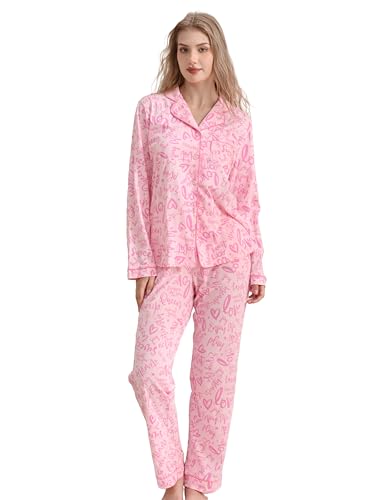 100% Cotton Pajamas for Women Set, 2 Piece Soft Knit Long Sleeve pjs Comfortable Sleepwear Loungewear XS-XXL