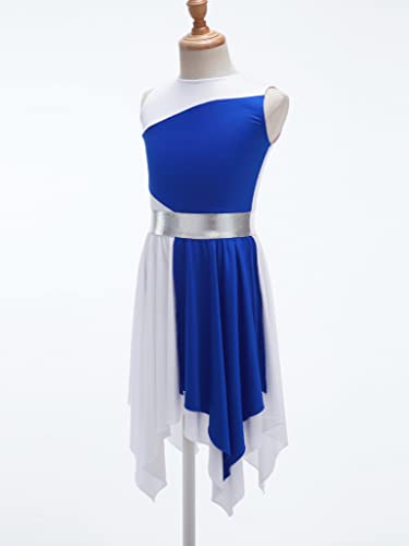 Tssoe Kids Girls Color Block Asymmetrical Lyrical Contemporary Dance Dress Sleeveless Praise Dance Tunic Bluewhite 10 Years #TOP2