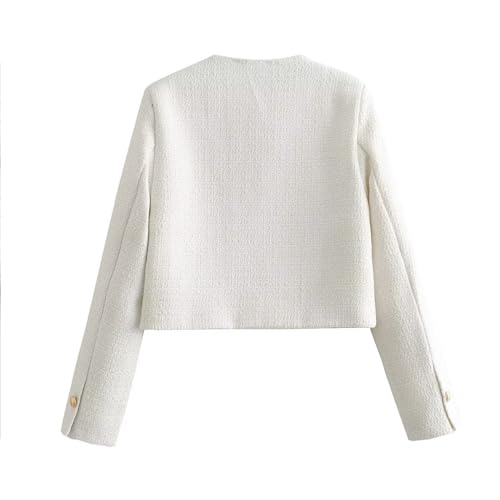 Xaspee Women's Cropped Tweed Jacket Collarless Long Sleeve Button Down Office Business Blazer Jacket with Pockets2