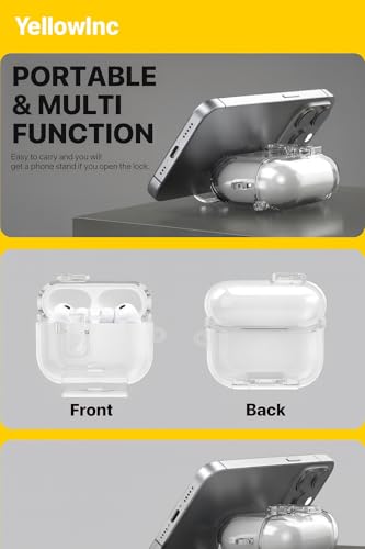 Image of Clear Magnetic Auto-Lock Case Cover for Apple Airpods Pro 3 (2025), with Phone Stand & Carabiner (Clear White,Transparent Lock with Stand)