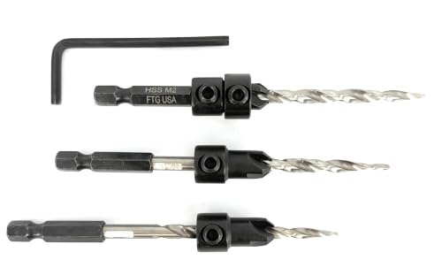 Image of FTG USA 3-Pk #10 (3 /16 inch) Countersink Drill Bit Set, 1 Stop, 1 Wrench & Case