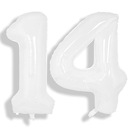 Image of SUWEN 40 Inch White Large 14 Balloon Number Big Foil Helium Numbers 0-9 | Giant Jumbo Happy 14th Birthday Party Decorations for Men or Women Huge Mylar 41 Anniversary Party Supplies