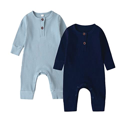Image of Bafeicao Baby Boy Girl 2 Pack Solid Romper Ribbed Short/Long Sleeve Bodysuit Jumpsuit Infant Knitted Outfits Clothes