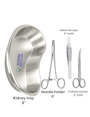 Image of ALEXERA Surgical Instrument CE Needle Holder, Adsion Forceps, Scissor with Kidney Tray 8 inch | Suture Set & Kidney Tray (Kidney Tray with Suturing Set), Stainless Steel