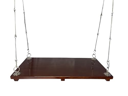 Jairi Traders Plank Wooden Swing Indoor Outdoor Teak Wood Hanging Swing Set/Silver Rod Assesories / 4 x 2 Ft