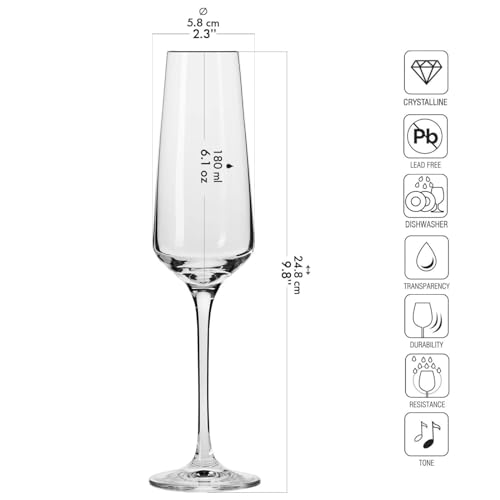 Krosno Crystal Champagne Flute Glasses, Set of 6, 6.1 oz, Avant-Garde Collection, Classic Shape for Timeless Style, Ideal for Mimosas, Prosecco, Sparkling Wine, Dishwasher Safe, Made in Europe - Image 3
