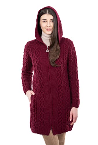 Image of SAOL 100% Merino Wool Aran Irish Cardigan for Women with Pockets, Hood and Celtic Zipper