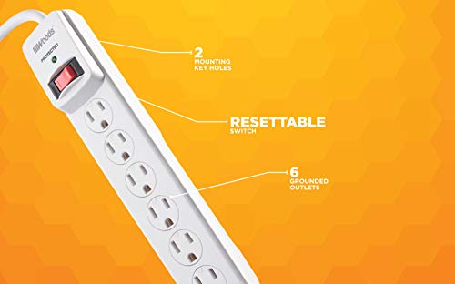 Woods 41497 Surge Protector With Safety Overload Feature 6 Outlets For 900J Of Protection, 3-Foot Cord, White #TOP6