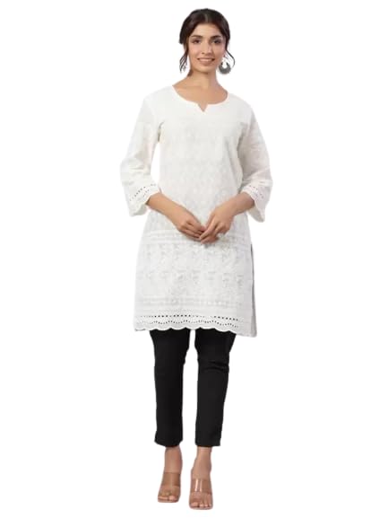 GM SARAChikankari Cotton Kurti's for Women Summer Traditional Lucknowi Style Dress White Kurta for Women's