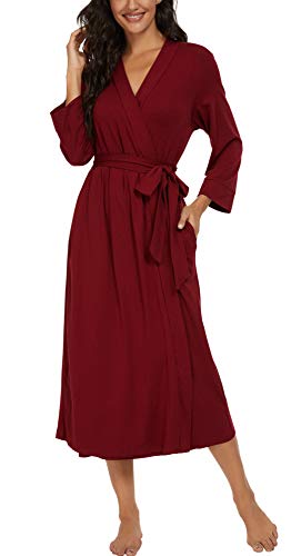 Vintatre Women Kimono Robes Long Knit Bathrobe Lightweight Soft Knit Sleepwear V-Neck Casual Ladies Loungewear Wine Red-Large #TOP2