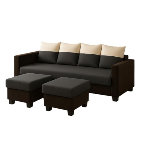 Image of SOCOZI Konva 6 Seater L Shape Sofa Set with 2 Movable Ottomans | Flexible Layout | Soft Velvet Suede Fabric | Modern Design | Plush Comfort Cushions for Living Room (Cream-Dark Grey-Brown)