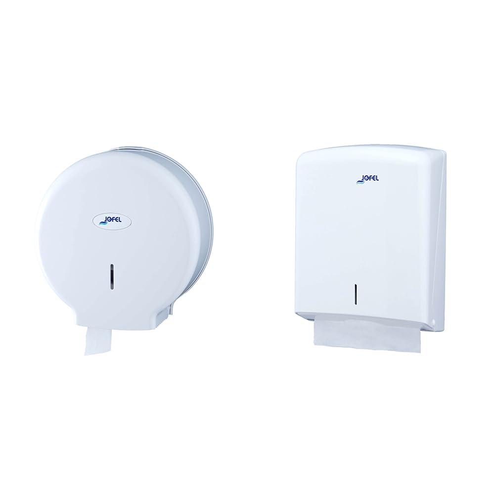 Jofel Ae57000 Dispenser Portarotoli, 300 M, Bianco & Ah33000 Dispenser per Asciugamani Piegati a Z, in Abs, Bianco