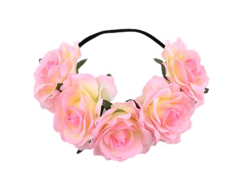 Lofruiin Women's Hawaiian Rose Flower Stretch Headband Artificial Flower Hairband Floral Crown Headpiece (Light Pink, Free)