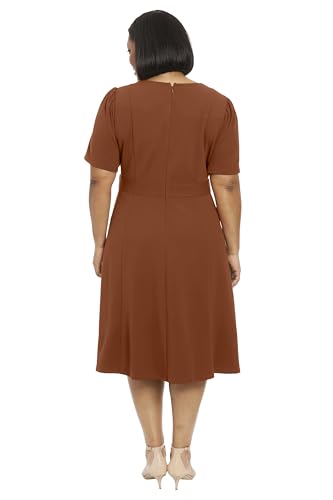 Image of London Times Women's Short Sleeve Crepe Fit and Flare Midi with Waist Button Detail