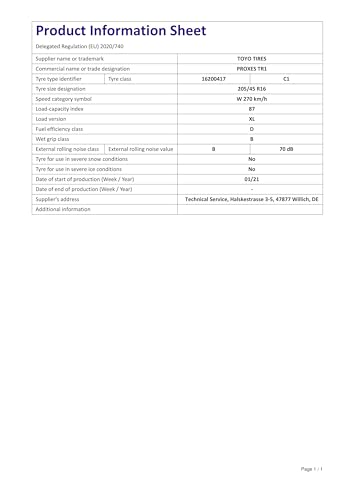 Sommerreifen 205/45 R16 Toyo Proxes TR1 XL für PKW