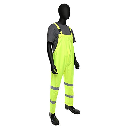 West Chester 44033PCA Hi-Viz Rain Bib, Large - Green, Poly Oxford w/PU Coating, Elastic Suspenders w/Quick Release Buckles