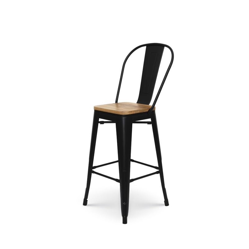 Kosmi - Tabouret de Bar Style Industriel en Métal Noir Mat avec Dossier Haut et Assise en Bois Clair - Hauteur d'Assise 66 cm