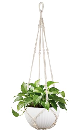 Mkono 43 Inch Macrame Plant Hanger Large for up to 12 Inch Pot Extra Long Hanging Plant Holder No Tassels Hanging Planter Basket with Wood Beads for Indoor Outdoor Boho Home Decor, Ivory