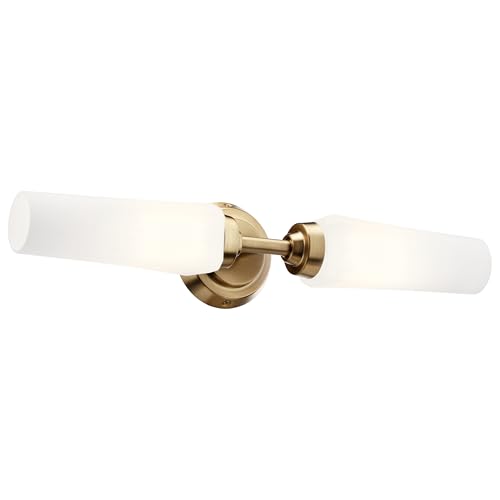 Image of Kichler Truby 2-Light Bathroom Vanity Light Fixture with Satin Etched Cased Opal Glass in Champagne Bronze, Modern Art Deco Wall Sconce for Mirror (20.75 in x 4.5 in), 55074CPZ