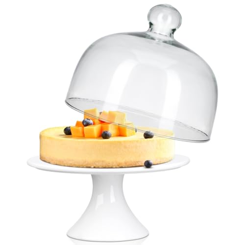 Cabilock Plateau à gâteau en céramique,Cloche en Verre,Assiette à gâteau,Support à gâteau,Couvercle en Verre,Couvercle pour gâteau, à Mouches, de...