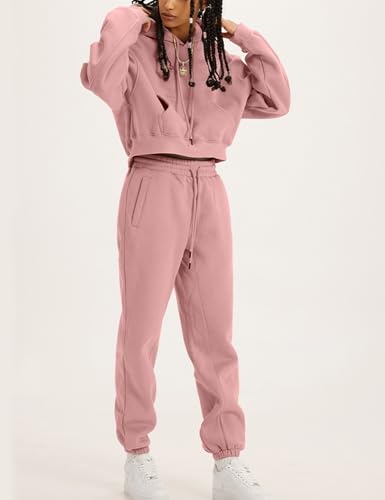 Flygo Womens Fleece 2 Piece Outfits Sweatsuit Crop Pullover Sweatshirt Joggers Pants Tracksuit Set