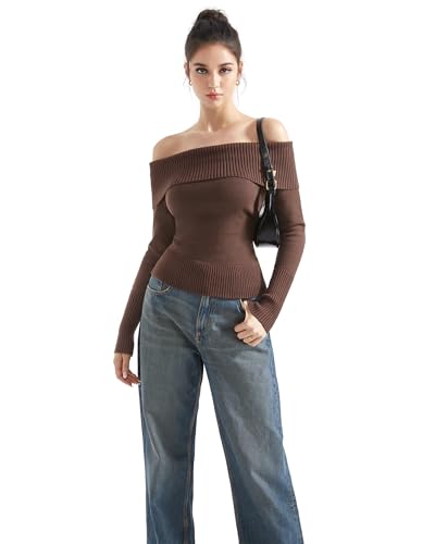 Image of SUUKSESS Women Off Shoulder Sweaters Long Sleeve Ribbed Knit Going Out Fall Tops Blouse