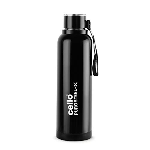 Cello Puro Steel-X Benz 900 Inner Steel Insulated Water Bottle 900 ml, Black | ISI Certified, BPA Free, Leakproof | Sturdy & Durable | Ideal for Offic