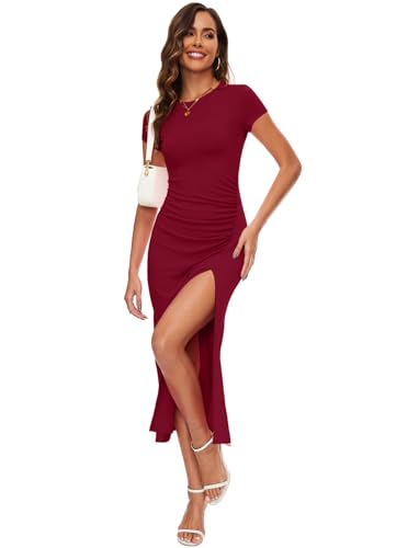 Image of NOVANDO Casual Short Sleeve Ruched Cotton Bodycon Midi Dress for Women 2024 Summer Crew Neck Party Club T Shirt Dress