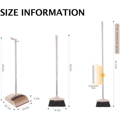 Image of Broom and Dustpan Set with Long Handle, Light Weight Stainless Steel Poles Stand Upright Dustpans with Broom Combo for Home Kitchen Office Pet Dog Hair, Brown & Beige Color, 1-Pack