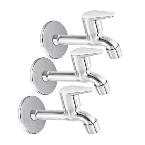 Image of Furiq Bath Fusion Stainless Steel Long Body Tap for Kitchen Bathroom Home Taps with Chrome Finish and Quarter Turn Fitting (Wall Flange and Teflon Tape) Pack of 3