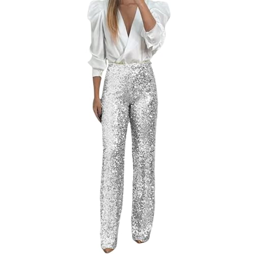 Mujer Fiesta Lentejuelas Cintura Elástica Slim Fit Elástico Pantalones de bateo Moda Pantalones lisos, plata, L