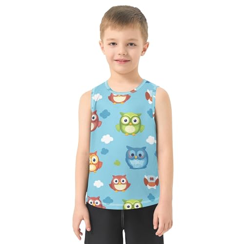 JUNZAN Cute Cartoon Owls Blue Boys Tank Top Sleeveless Kids Vest Sports Clothes for Beach Boating Travel Sports 3T2