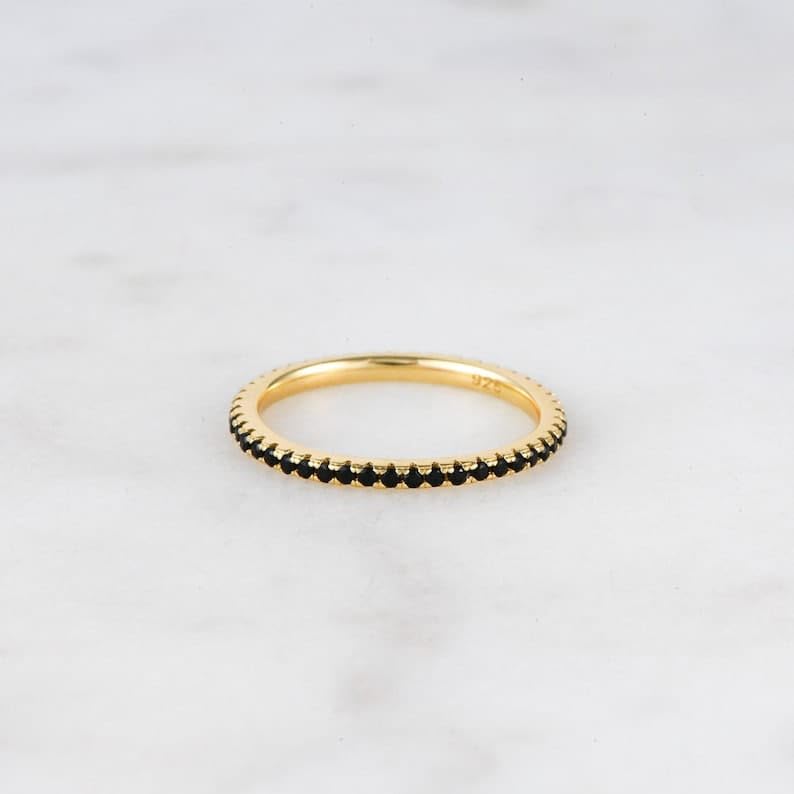 Dainty Black Onyx Ring - Stackable band - 14K Gold Vermeil over Sterling Silver - Delicate Everyday Ring - Black Gemstone - GJH0014