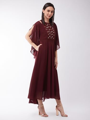 Image of Miss Chase Women's Round Neck Sleeve Embellished Fit Flare Maxi Dress