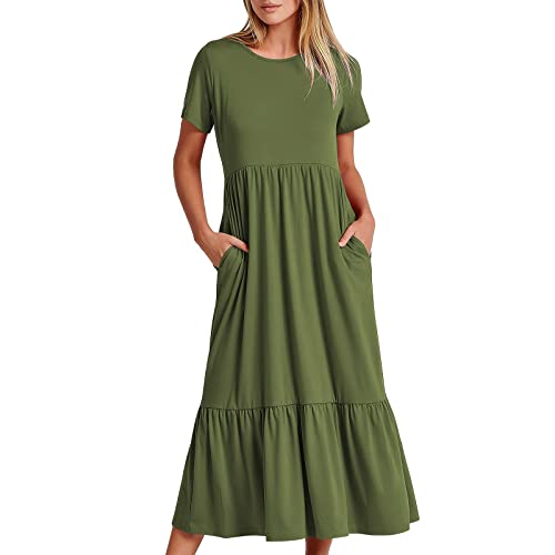 XUNRYAN Summer Dresses for Women 2024 Casual Calf Length Maxi Dress Pleated Flowy Tiered Swing Beach Sundress with Pockets2