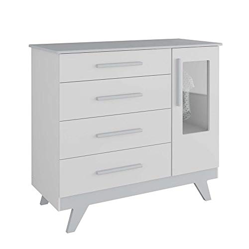 Quarto Infantil Retrô com Cômoda e Berço com Capitonê Móveis Peroba Branco/Cinza