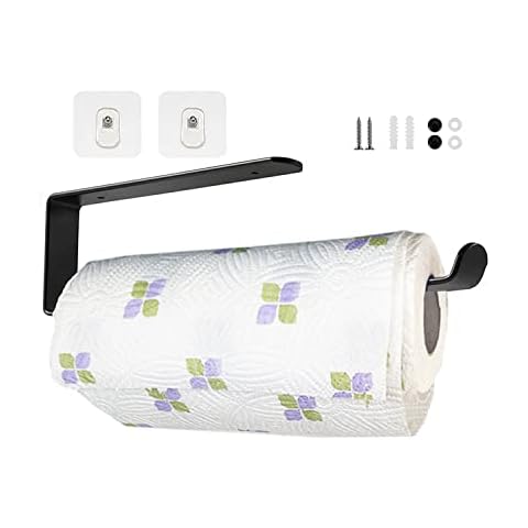 Under Counter Kitchen Roll Holder, SZHTFX Wall Mounted Self Adhesive or Drilling Under Cupboard Kitchen Towel Holder Under Cabinet for Bathroom and Kitchen Accessories (Black) Cover