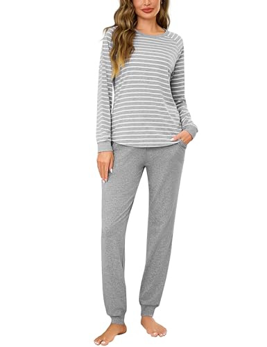 Litherday Pijama Mujer Invierno Algodón Conjunto de Pijama Mujer de Manga Larga Pijama Rayas con puños y Pantalón con Bolsillo
