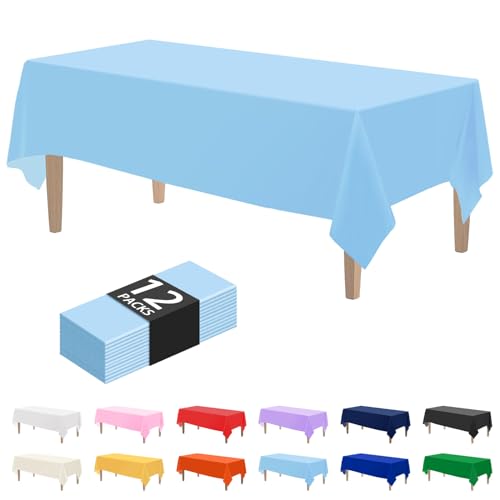 Image of Kopokita 12 Pack Light Blue Plastic Tablecloths Disposable 54 x 108 Inch | Rectangle Table Cloths, Party Table Covers for Birthday, Wedding, Bridal, Baby Shower
