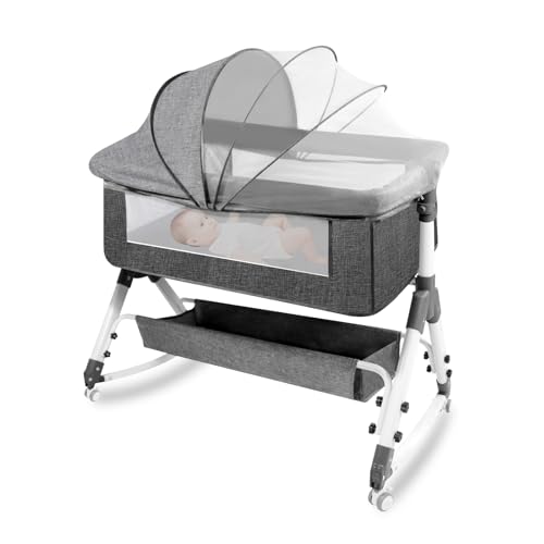 Image of AOBOTE Baby Bassinet,Foldable Newborn Crib with Mosquito Net and Wanxiang Silent Wheel, Adjustable Height,Bassinet Bedside Sleeper (AB010011-1)
