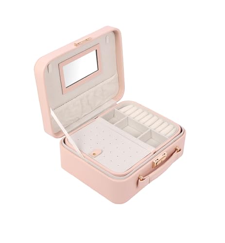 Image of BUCKETLIST PU Leather Jewellery Organizer Box with Mirror & Necklace Hooks | Large Multi-Compartment Jewelry Storage Case with Removable Tray & Mini Travel Box (Luxury Jewelry Box with Mirror (Pink))