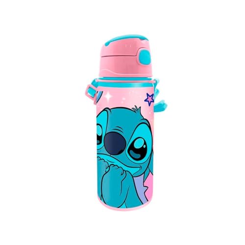 Kids Licensing - Botella de Agua Niños y Niñas - Cantimplora de Aluminio con Asa y Cierre de Clic, Libre de BPA y Toxinas, 600 ml, Diseño de Stitch