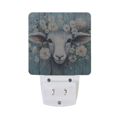 Image of Flower Sheep Wooden Night Lights 2 Pack Plug-in Wall Led Nightlight Auto Dusk-to-Dawn Sensor Lamps for Bedroom Kitchen Bathroom